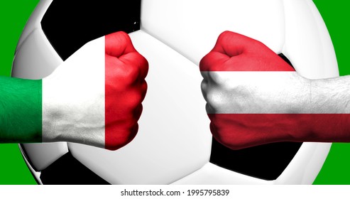 Flags of Italy and Austria painted on two clenched fists facing each other with closeup 3D rendering of football soccer ball in the background. Mixed media football match game concept