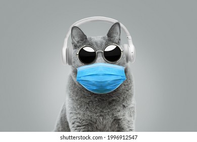 gracioso gato hipster con gafas de sol en una máscara médica escucha música con auriculares blancos. Concepto de pandemia y coronavirus. Idea creativa de protección antivirus.