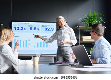Eine asiatische Geschäftsfrau mittleren Alters, CEO und Geschäftsführerin, zeigt ihren Kollegen im Rahmen eines Business-Seminar-Workshops auf einem großen Bildschirm in einem modernen Büro die Planungsdaten zu den Einnahmen und Einnahmen des Teams.