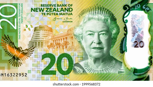 portrait of Her Majesty Queen Elizabeth II. Portrait from New Zealand 20 Dollars 2015 Banknotes.