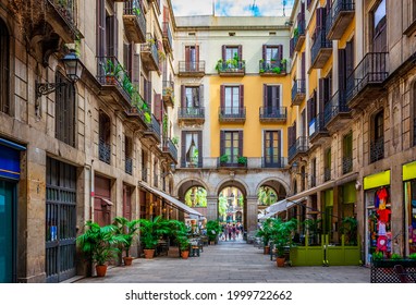 Old narrow street in Barcelona, Catalonia, Spain. Architecture and landmark of Barcelona. Cozy cityscape of Barcelona