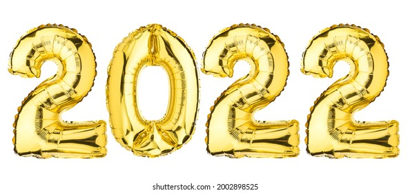 New Year 2022 celebration. Helium balloon. Golden Yellow foil color. Number Two 2 and Zero 0. Good for Party, greeting card, Advertising, Anniversary. High resolution photo. Isolated white background.
