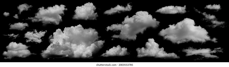 雲端設定隔離在黑色背景上。白色雲量、薄霧或煙霧背景。不同雲的集合。