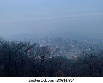 The fog covers above at Seoul of Korea. Viewed from the hill with a dry trees. Lonely vibe before nightfall with the city ​​full of lights.