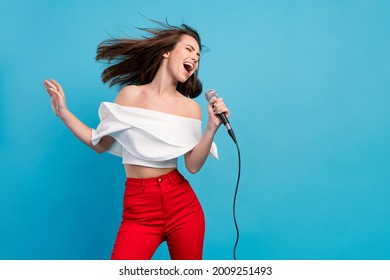 Foto de alegre mujer positiva feliz cantar karaoke viento soplar cabello estrella celebridad aislado sobre fondo de color azul