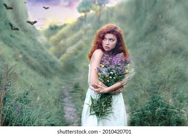 Banner with a girl carefully holds flowers, protecting them from birds in the distance. Forest fairy tale. The style is fairy tale photo and fantasy. Background of green hills and forests. Copy space