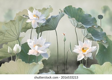 美術 - 美しい白い蓮の花と蓮の花の植物、純白の蓮の花