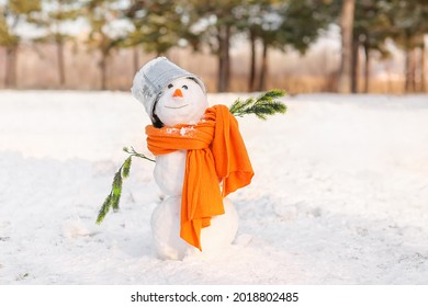 Divertido muñeco de nieve con bufanda en el parque