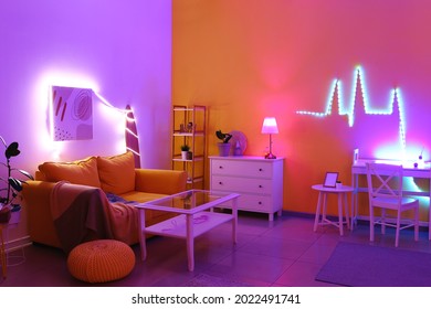 Interior of modern room with neon lighting