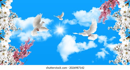 sunny blue sky and clouds. pink white cherry blossoms and flying white doves. stretch ceiling sky model.