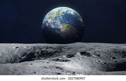 Moon surface and blue Earth planet in deep space. Artemis program. Elements of this image furnished by NASA