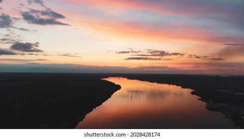 sunset over the river. river landscape. Sunset with reflection on the water. Panorama