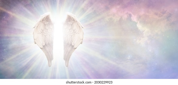 แบนเนอร์แนวคิดนางฟ้าผู้พิทักษ์สวรรค์ - ปีกนางฟ้าที่สวยงามพร้อมแสงสีขาวสว่างไสวที่ลอยอยู่บนพื้นหลังท้องฟ้าสีชมพูและสีน้ำเงินอันแสนบริสุทธิ์พร้อมพื้นที่สำหรับคัดลอก
