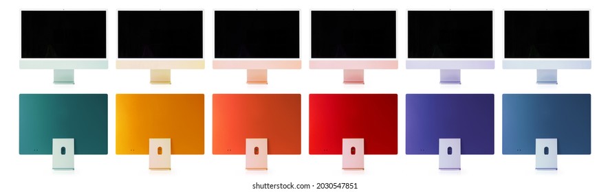 Maqueta de computadoras de escritorio modernas en diferentes colores.