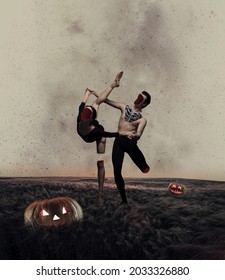 Espíritus danzantes. Collage de arte contemporáneo de dos personas, hombre y mujer, bailando ballet sobre fondo de humo. Cartel espeluznante de Halloween con muertos y calabazas en el campo. Concepto de Halloween, anuncio