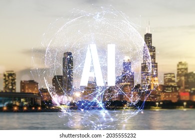 シカゴの街並みの背景に創造的な人工知能シンボル ホログラム。二重曝露