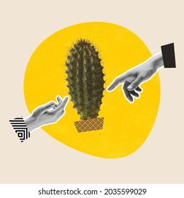 Stressful business deal. Concept of working issues. Partners communication. Contemporary art collage of two hands touching cactus on yellow circle. Retro in modern life.
