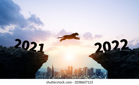 New year concept of 2022. Jumping tiger to 2022. New year's card.