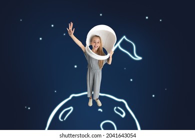 Hello from moon. Creative art cocollage of little girl standing on drawn planet isolated over dark blue background with white space images Concept of childhood, dreams, game, astronomy, ad