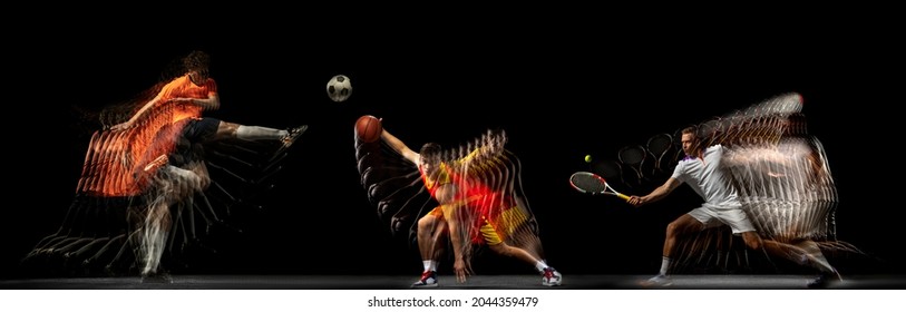 Esports espectadors. Collage d'imatges d'un jugador de futbol, ​​bàsquet i tennis professional en moviment aïllat sobre fons fosc amb efecte estroboscopi. Concepte d'esport, acció, moviment, equip