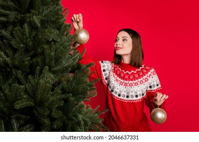 Photo of pretty charming young lady wear print sweater putting balls christmas tree isolated red color background
