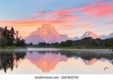 Overview of beautiful sunrise over Grand Teton National Park viewing from the Oxbow Bend Turnout, Wyoming USA