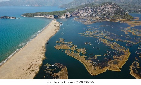 Laichplatz der Unechten Karettschildkröte; Iztuzu-Strand. Es ist bekannt für seine blauen Krabben und goldenen Sandstrände. Neben dem Dalyan-Delta.