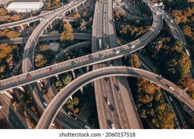 秋にスパゲッティジャンクションインターチェンジを走行する英国の車両