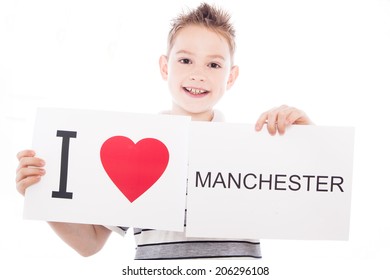 Boy with  sign I love Manchester  . Series of boy with English city signs