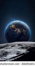 宇宙空間での夜の月面と地球惑星。アルテミス月面宇宙計画。アポロムーンウォーク。NASA から提供されたこの画像の要素