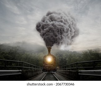 The front of a moving train blowing smoke