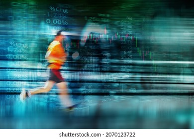 market trading stock and index number on glow blue red green digital technology and blur running man blur banner business background