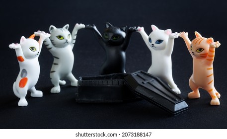 Unos gatitos de juguete están de pie alrededor de un ataúd de juguete abierto. Un concepto lúdico de revivir a los muertos, hechizos de magia negra por la noche en un cementerio y exhumación. Enfoque selectivo. Fondo negro