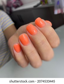 Hands of a woman with neon orange manicure on nails.Manicure beauty salon concept. Empty place for text or logo. Bright neon orange  nail varnish