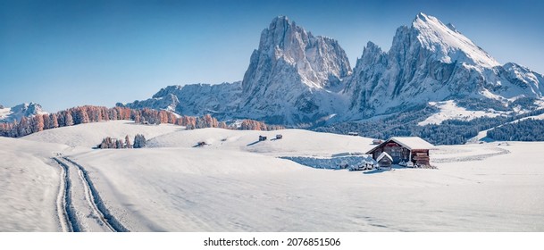 アルペ ディ シウージ村の冬のパノラマ ビューと Plattkofel ピークを背景に。ドロミテ アルプスの明るい朝のシーン。イタリア、ヨーロッパの雄大な冬の風景。旅行の概念の背景。
