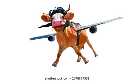 El concepto de personaje piloto de vaca feliz vuela en el cielo, con alas de avión a reacción aisladas en blanco