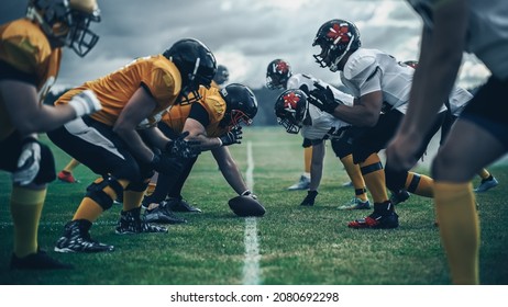 Campeonato de fútbol americano. Equipos preparados: jugadores profesionales, enfrentamiento agresivo, listos para empujar y placar. Competición llena de energía brutal y poder. Filmada con una luz espectacular.