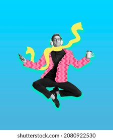 Meditación. Joven elegante, bailarín con ropa abrigada en clima frío. Ilustración con retrato en blanco y negro de un hombre. Collage de arte creativo contemporáneo. Inspiración, idea, colección de moda digital y estilo.