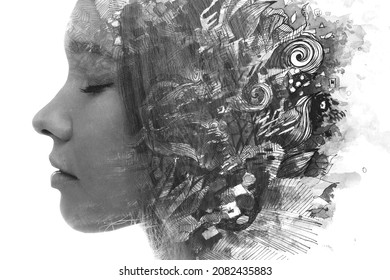 目を閉じたきれいな女性の白黒の横顔の肖像画と抽象的な水墨画を組み合わせたもの。厄介な考え。絵画学。