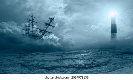 霧の中の古い帆船が素晴らしい灯台のある岩に向かって帆走する – 背景の嵐の雲の中の嵐の海で古い帆船を帆走する