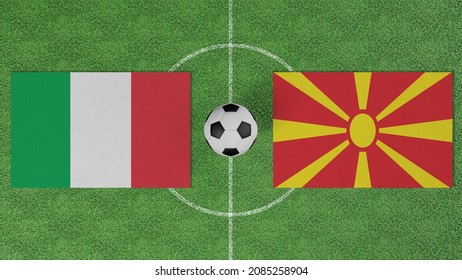 Football Match, Italy vs North Macedonia, Flags of countries with a soccer ball on the football field