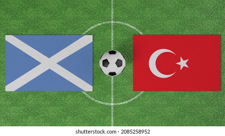 Voetbalwedstrijd, Schotland vs Turkije, vlaggen van landen met een voetbal op het voetbalveld