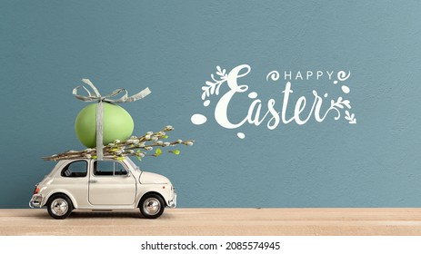 Retro car carrying an easter egg on the roof. Happy Easter text