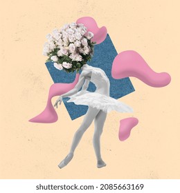 Benefit performance. Contemporary art collage. Graceful ballet dancer headed of roses, flowers isolated over abstract background. Concept of activity, art, music, dance. Nature and beauty