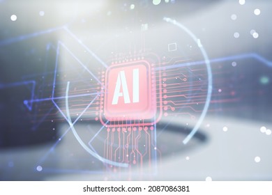 Double exposure of creative artificial Intelligence abbreviation hologram on empty room interior background. Future technology and AI concept