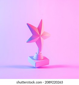 成功と品質のシンボルとしてコピー スペースの紫ピンクの背景に影と星の形を持つ賞のスタジオのクローズ アップ