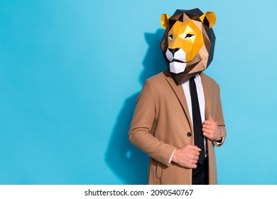 Foto van excentrieke rare man in leeuwenmasker ziet er goed uit viriele lege ruimte geïsoleerd over blauwe kleur achtergrond