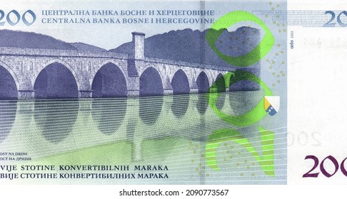 Mehmed-Pasa-Sokolovic brug over de rivier de Drina, Visegrad, Portret uit Bosnië en Herzegovina 200 Convertible Maraka 2002 Bankbiljetten