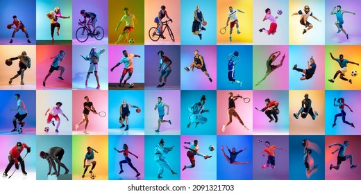 Judo, baloncesto, fútbol, ​​tenis, ciclismo, natación y hockey. Conjunto de imágenes de diferentes deportistas profesionales, personas en forma en acción, movimiento aislado sobre fondo multicolor en neón. Collage