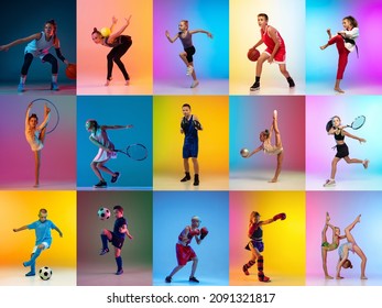 Baloncesto, fútbol, ​​tenis, gimnasia, box y judo. Conjunto de imágenes de jóvenes deportistas, niños pequeños y niñas en acción, movimiento aislado en un fondo multicolor con luz de neón. Cartel para anuncio.